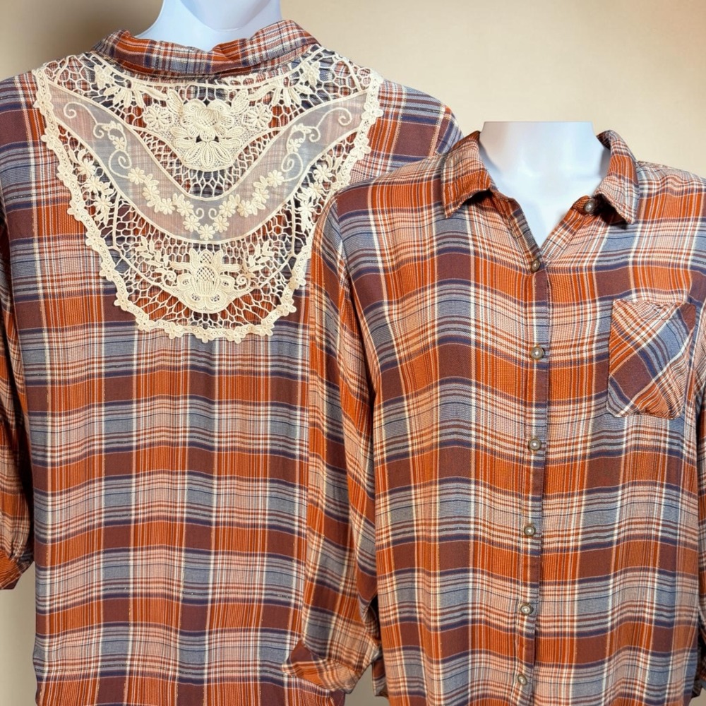 Linda Anderson Women XXL Plaid Lace Back Button Down Shirt Western Metalic Boho